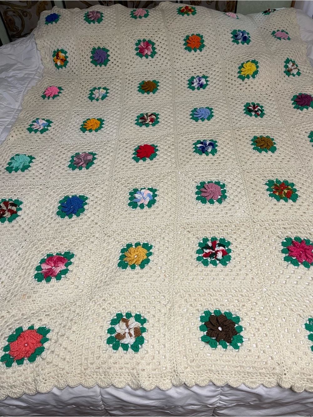 Vintage Crochet Blanket Handmade White Granny Square W/ Multicolor 86X66 Inches